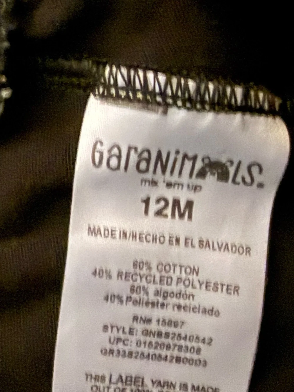 Garanimals Black and White Clothing Tag - 12M